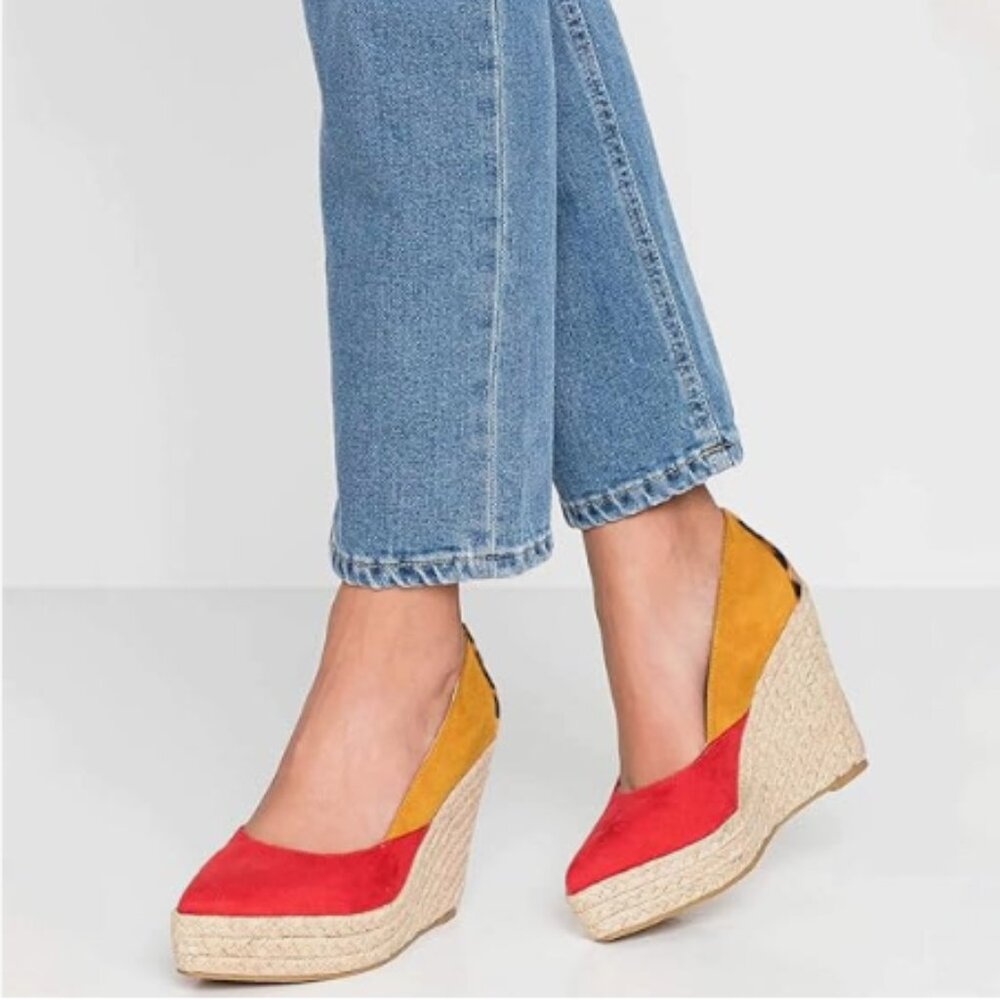 FOWT Yellow&red Leopard Espadrille Wedge Sandals  High Platform Suede Upper Shoe
